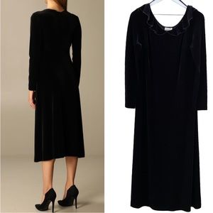 Sarah Chapman Vintage Black Velvet Ruffle Neckline Long Sleeve Midi Dress Medium